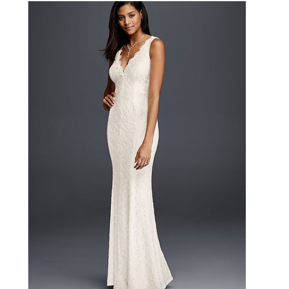 DB STUDIO all over lace v- neck sheath wedding dress